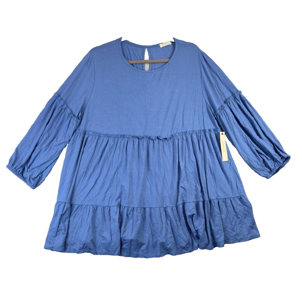KIYONNA Top Womens 2X Blue Haven Tiered Babydoll Balloon Ruffle Sleeve Plus Size